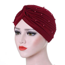 Load image into Gallery viewer, Cap Point Wine Red Solid folds pearl inner hijab cap
