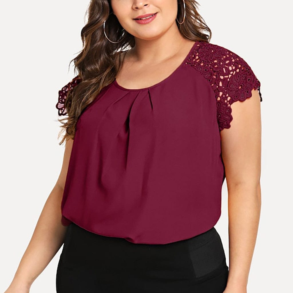 Cap Point Wine / Wine Maguy Plus Size O-neck Floral Lace Shoulder Blouse
