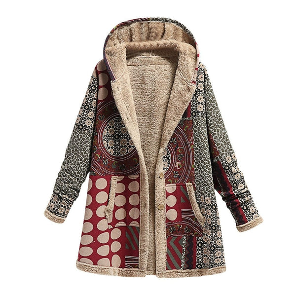 Cap Point Wine / XXXL New Winter VintageThick Fleece Hooded Long Jacket with Pocket