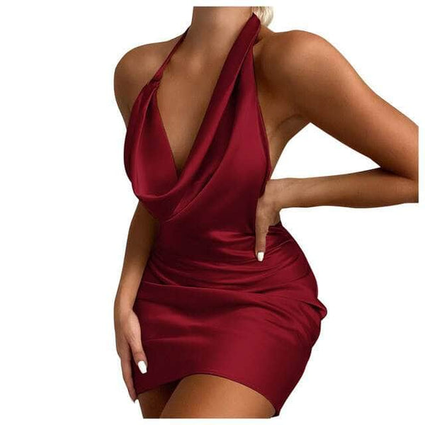 Cap Point WineRed / S Luisa Elegant Casual Cowl Neck Satin Ruched Evening Dress