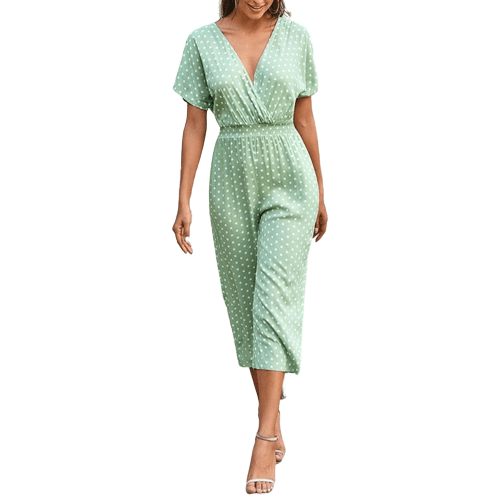 Cap Point XL / Light Green Anita Summer Casual Print V-neck Pocket Jumpsuit