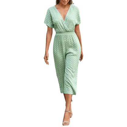 Cap Point XL / Light Green Anita Summer Casual Print V-neck Pocket Jumpsuit