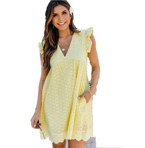 Cap Point Yellow / 2XL Agathe  Summer Sleeveless Jacquard Cutout V-Neck Beach Lace Dress