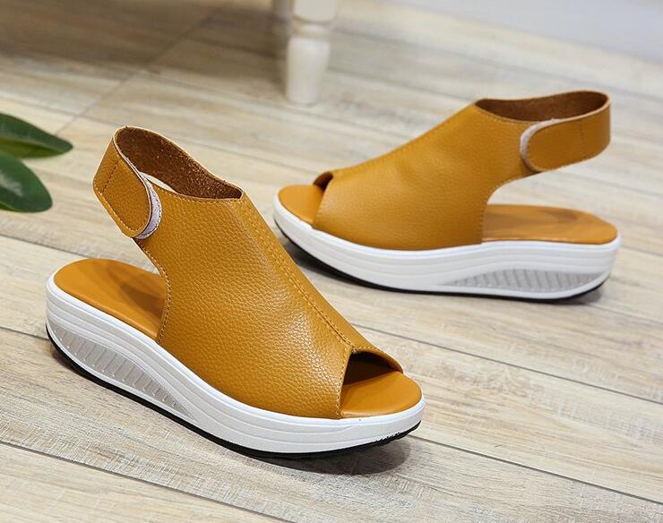 Cap Point Yellow / 4 Casual Platform Wedges Sandals Leather Swing Peep Toe