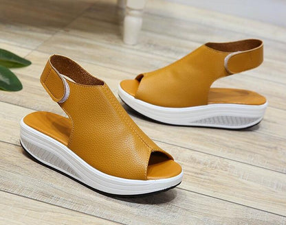 Cap Point Yellow / 4 Casual Platform Wedges Sandals Leather Swing Peep Toe
