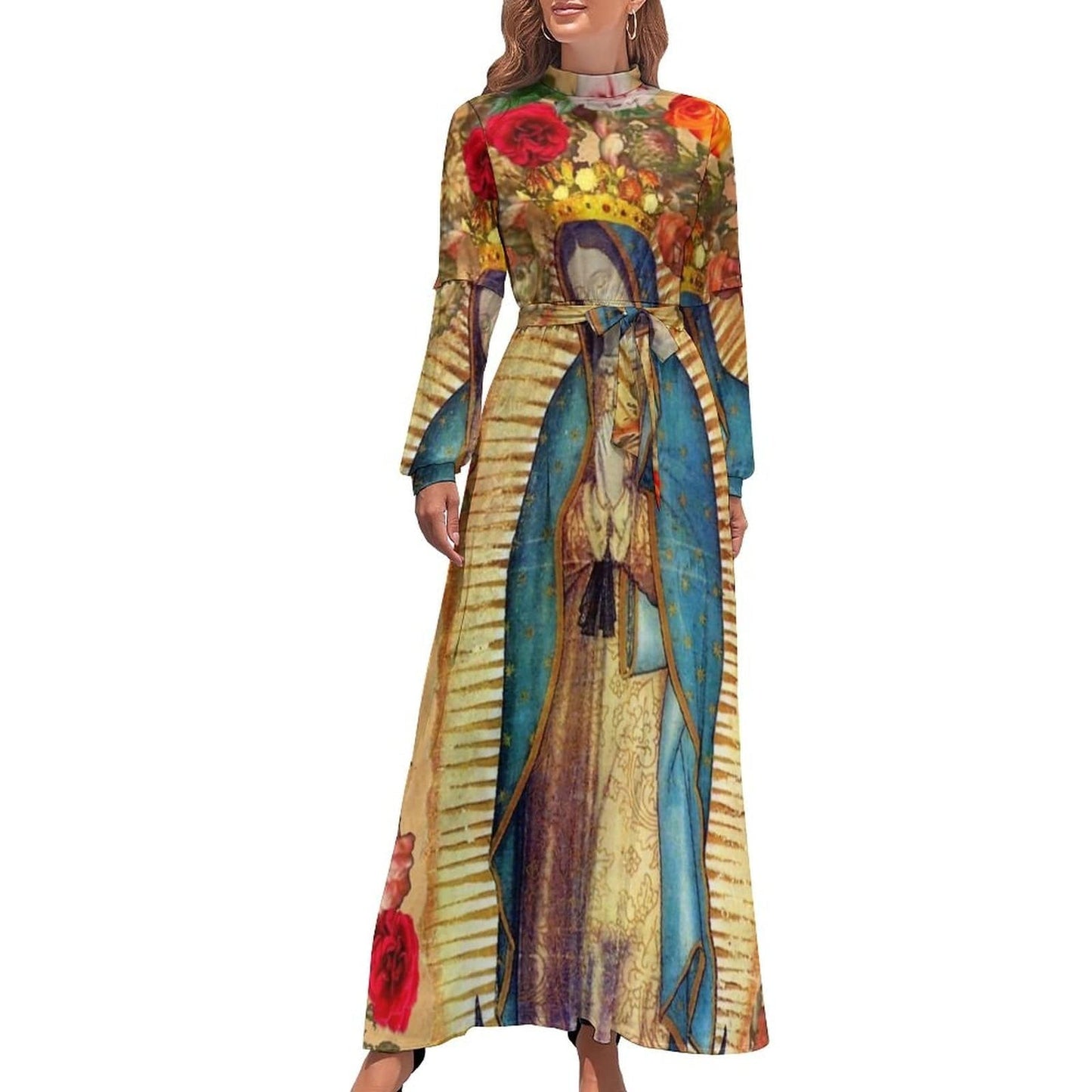 Cap Point Yellow blue / XS Mary High Neck Long-Sleeve Boho Style Maxi Dress