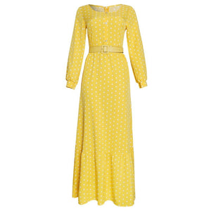 Cap Point Yellow / L Linton Bohemian Lace Dots Long Sleeve Ruffle Maxi Dress with Belt