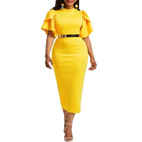 Cap Point Yellow / M Shante Flare Sleeve V-Neck Bodycon Midi Dress