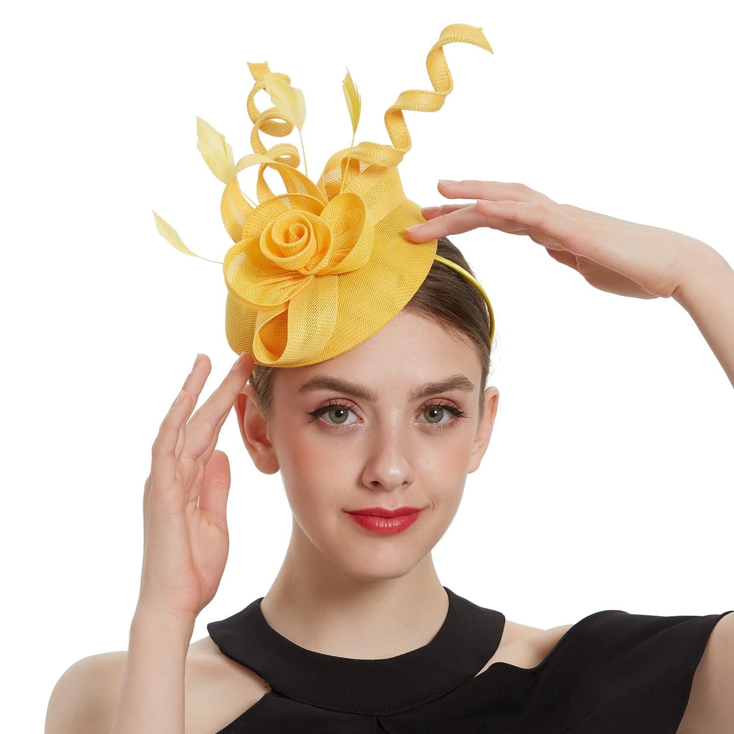 Cap Point yellow Mirva Hat Cocktail Tea Party Kentucky Derby Feather Fascinators