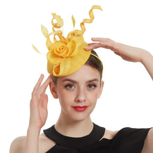 Load image into Gallery viewer, Cap Point yellow Mirva Hat Cocktail Tea Party Kentucky Derby Feather Fascinators

