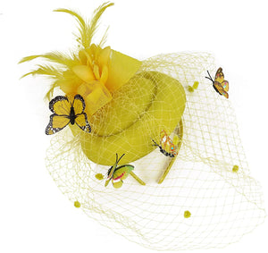 Cap Point yellow Mirva Kentucky Derby Flower Batterfly Veil Tea Party Wedding Party Hat Fascinators