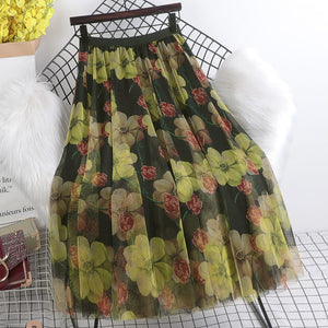 Cap Point Yellow / One Size Perline Floral Tulle High Wasit Pleated A-Line Maxi Skirt