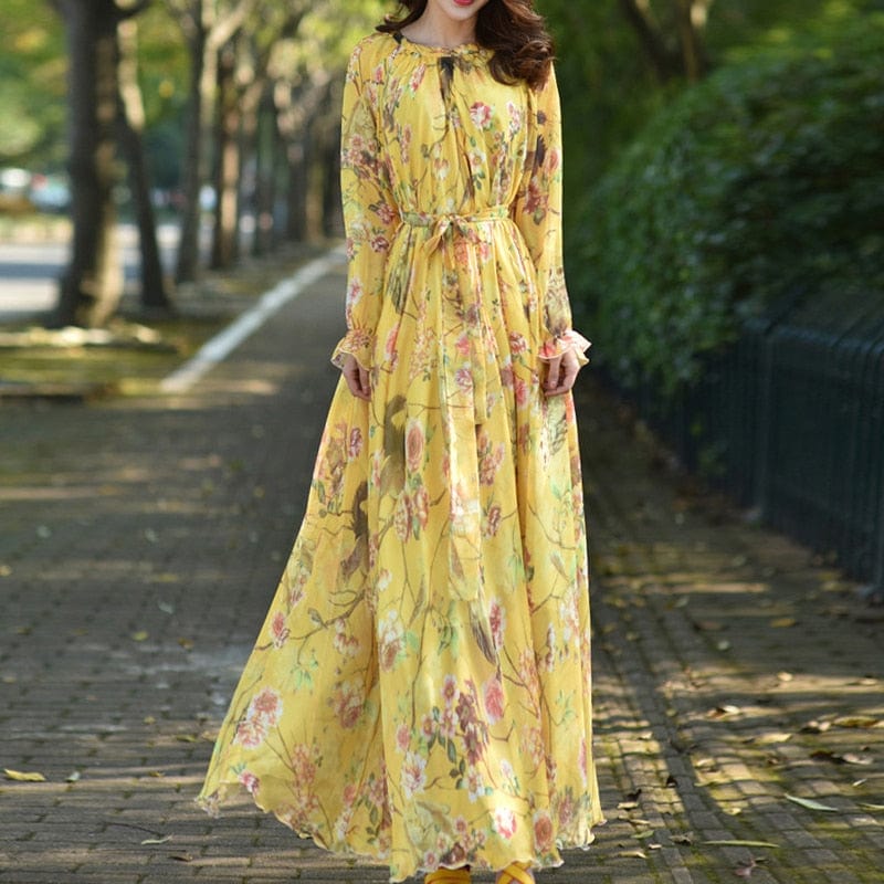 Cap Point YELLOW / S Aria Floral Printed  Loose Chiffon Fashion Maxi Dress