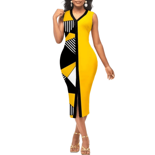 Cap Point Yellow / S Belinda Sexy V-Neck High Waist Slit Patchwork Sleeveless Midi Dress