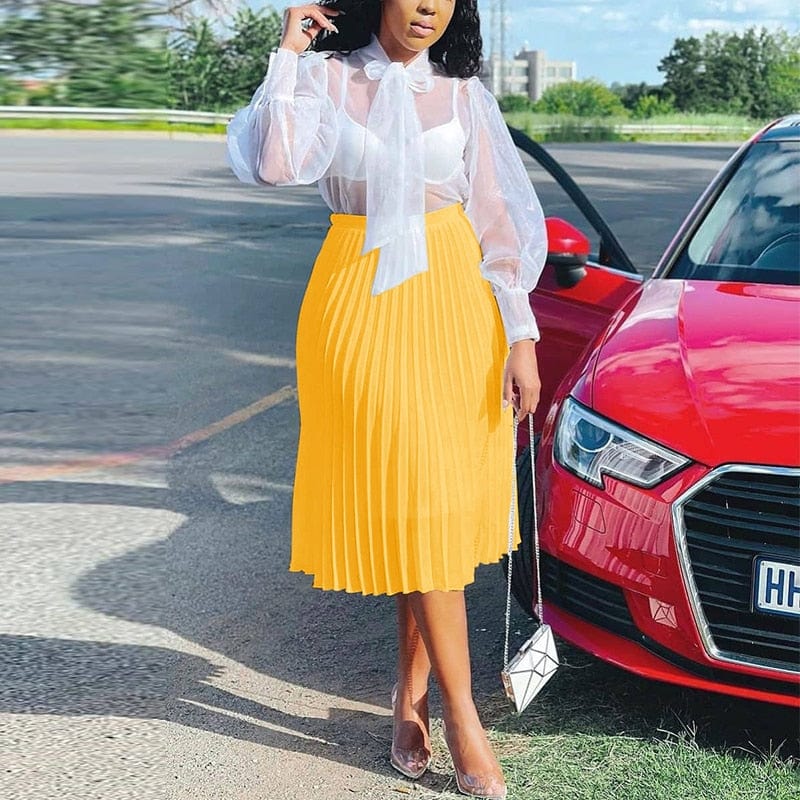 Cap Point Yellow / S Belline High Waist Pleasted Casual Chic Midi Skirt
