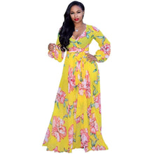 Load image into Gallery viewer, Cap Point Yellow / S Benita Summer V-Neck Print Sashes Long Maxi Dress
