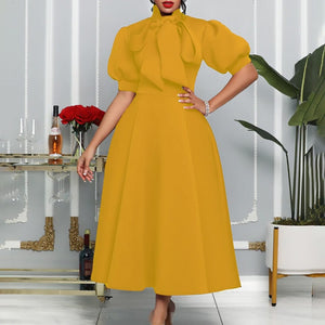 Cap Point Yellow / S Bijoux Short-sleeved high-waisted bow tie trapeze dress