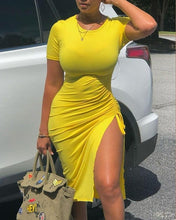 Load image into Gallery viewer, Cap Point Yellow / S Claudia Short Sleeve Drawstring Ruched Dress
