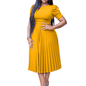 Cap Point Yellow / S Daniella Pleated Mid-Calf High Waist Round Neck Half Sleeve Dress