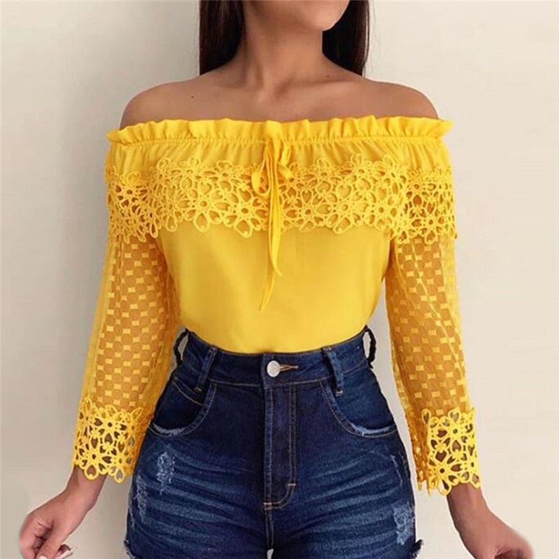 Cap Point yellow / S Elegant crochet lace patchwork sleeve blouse