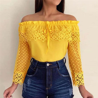 Cap Point yellow / S Elegant crochet lace patchwork sleeve blouse