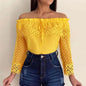 Cap Point yellow / S Elegant crochet lace patchwork sleeve blouse