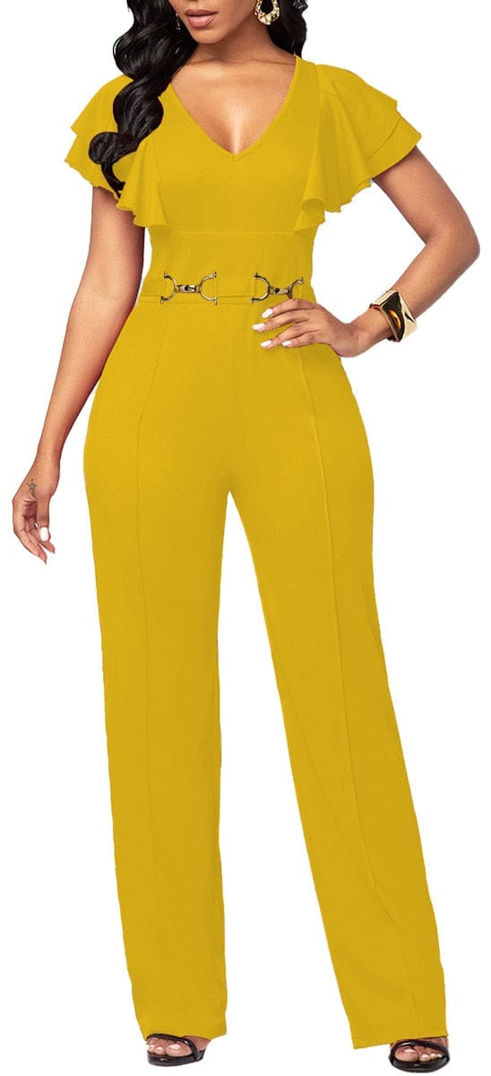 Cap Point YELLOW / S Elianne High Waist Plain Short Sleeve Wide Leg Jumpsuit