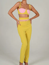 Load image into Gallery viewer, Cap Point Yellow / S Emilie Matching Set Spaghetti Strap Buttons Crop Top And High Waist Trousers
