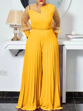 Load image into Gallery viewer, Cap Point Yellow / S Emilie Patchwork Wide Leg Long Sleeve Pleated One Piece Jumpsuit
