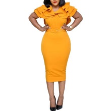 Load image into Gallery viewer, Cap Point Yellow / S Fashion V Neck Short Ruffled Sleeve Belt Bodycon Midi Dress
