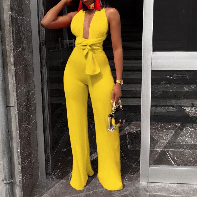 Cap Point Yellow / S Genevieve Sexy Wide Leg Sleeveless Lace Up V-Neck Multi Way Jumpsuit