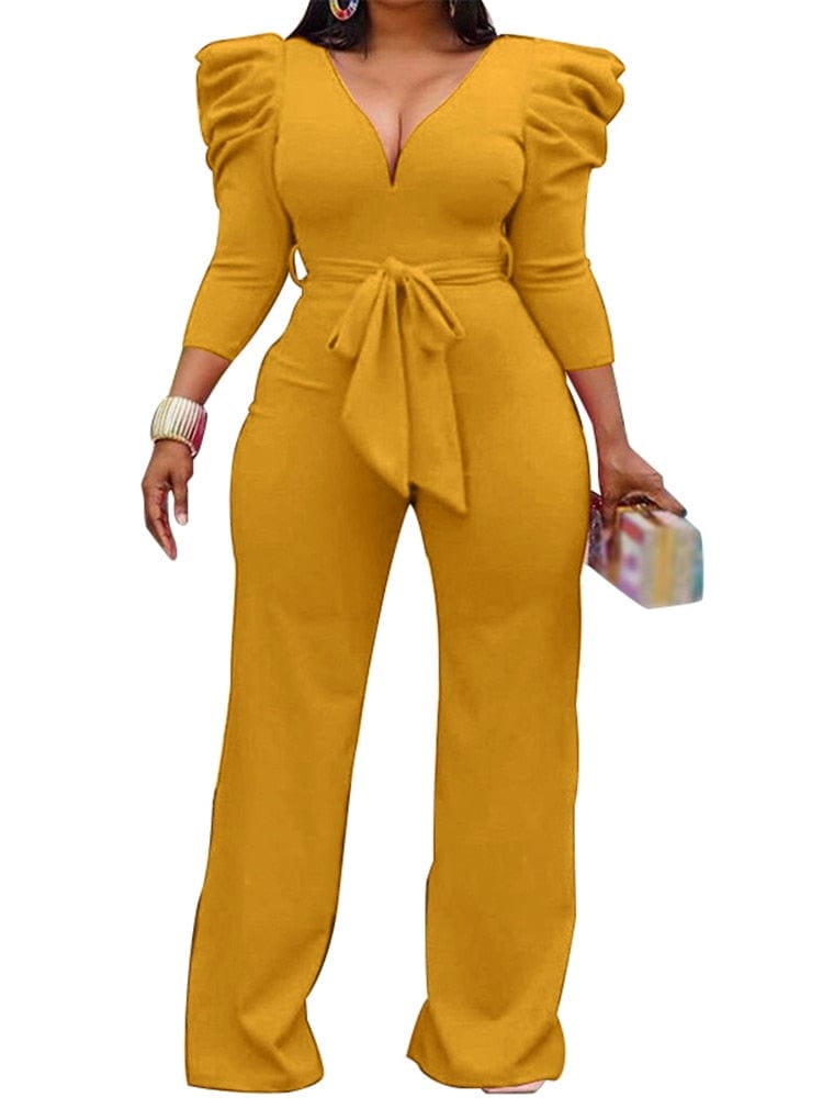 Cap Point Yellow / S Janelle Vintage Puff Sleeve Long Wide Leg Deep V NeckPlaysuits