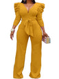 Cap Point Yellow / S Janelle Vintage Puff Sleeve Long Wide Leg Deep V NeckPlaysuits