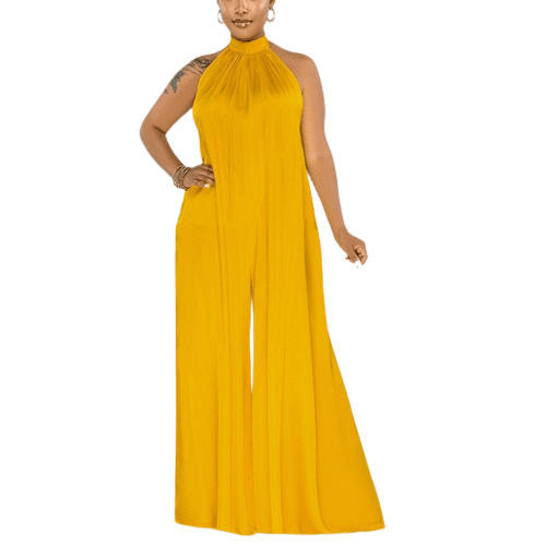 Cap Point Yellow / S Jessica Solid Color Halter Wide Leg Jumpsuit