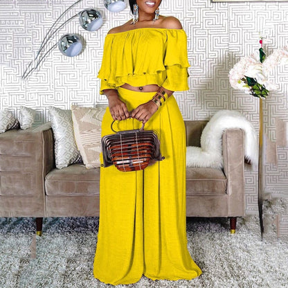 Cap Point Yellow / S Kristine Oversized 2 Piece Loose Wide Leg Pants Fashion Off Shoulder Crop Top