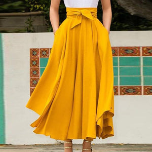 Cap Point Yellow / S Serena Solid A Line High Waist Bow Belt Flared Pleated Maxi Dress