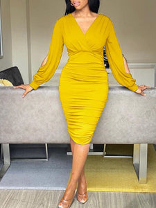 Cap Point YELLOW / S Sexy V-Neck Ruched Long Sleeve Backless Slit Dress