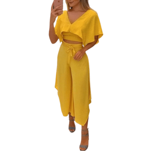 Cap Point Yellow / S Sonia Elegant V-Neck Ruffles Trim Crop Top Pants Set