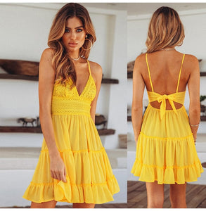 Cap Point Yellow / S Summer Lace Halter Sexy Backless Beach Dress