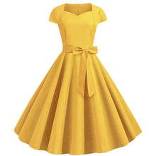 Load image into Gallery viewer, Cap Point yellow / S Urielle Short Sleeve Square Collar Elegant Office Party Midi Dress with Belt
