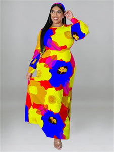 Cap Point Yellow / XL Doris Plus Size Loose Long Sleeve Flower Print Big Hem Elegant Maxi Dress