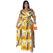 Load image into Gallery viewer, Cap Point Yellow / XL Mongengo Plus Size Two 2 Piece Short Sleeve V-neck Crop Tops + Long Fork Skirt
