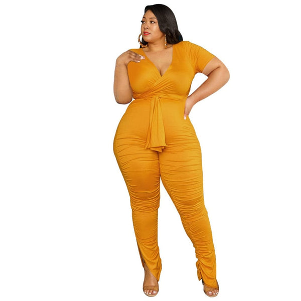 Cap Point yellow / XL Perline Plus Size Two Piece Bandage Top Stacked Leggings Matching Set