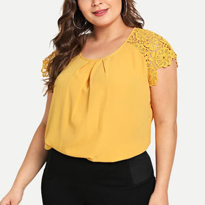 Cap Point Yellow / Yellow Maguy Plus Size O-neck Floral Lace Shoulder Blouse